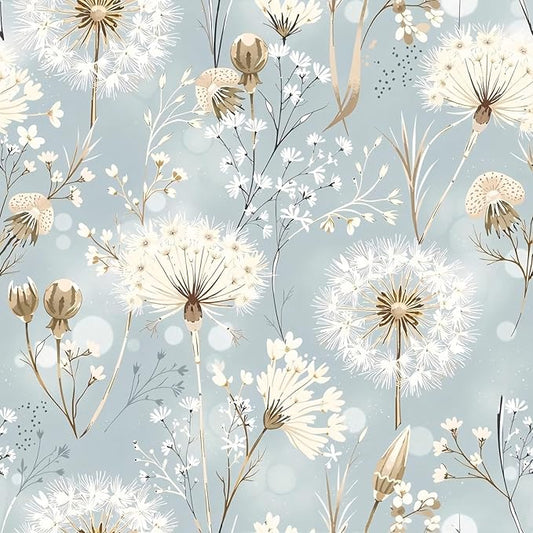 Dandelions and Wildflowers Peel and Stick Wallpaper Soft Gray and Blue Self Adhesive Removable Leaf Floral Contact Paper Nursery Bedroom Mural Wall Decorative 17.71"x118.1"