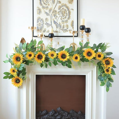 Mizii Artificial Sunflower Garland 6FT Fake Silk Sunflowers Flower Garland Autumn Hanging Vines Decorations for Kitchen Table Centerpieces Room Wall Party Wedding Birthday Fall Decor (Yellow)