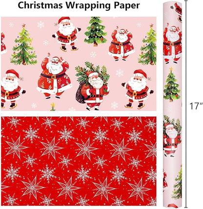 MAYPLUSS Christmas Wrapping Paper Roll - 17 Inch X 33 Feet - Cute Santa Claus Christmas Tree Reversible Strip Gift Wrapping Paper, Thick Wrap Paper for Holiday Party New Year Kids