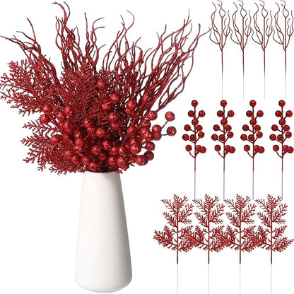 75 Pcs Christmas Glitter Branches 3 Styles Artificial Christmas Picks Berries Stems Pine Needles Floral Twig Spray for Xmas Tree Ornaments DIY Wreath Garland(Red)