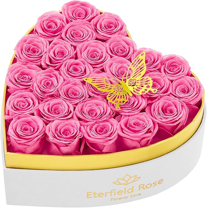 Eterfield 27 Forever Flowers in Heart Shape Box, Preserved Roses That Last a Year Preserved Flowers Birthday Gifts for Her Mom Women Wife Anniversary Valentines Day Mothers Day Christmas, Pink