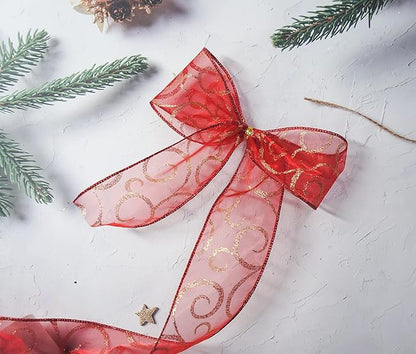 CT CRAFT LLC Organza with Red Glitter Swirls Wired Ribbon 2.5 inch x 50 Yards for Christmas Home Decor Tree Topper Bow Gift Wrapping DIY Crafts Wreath Garland Wedding