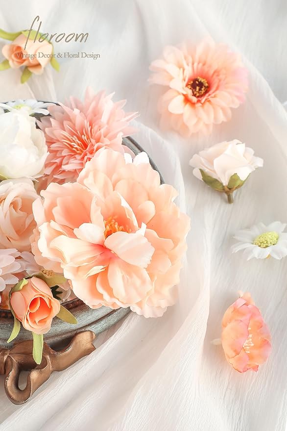 Floroom Mini Artificial Flower Heads Apricot Peach & Soft Cream Fake Peony Daisy Rose Multicolor Small Faux Silk Flower Heads for Cake Craft Garland Wedding Party Graduation Cap DIY Home Decoration