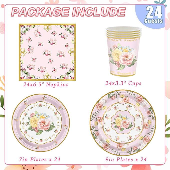 96 Pcs Tea Party Decorations, Floral Paper Plates Floral Cups & Napkins Set for Serves 24, Disposable Plates for Baby Shower, Bridal Shower, Wedding, Garden Party