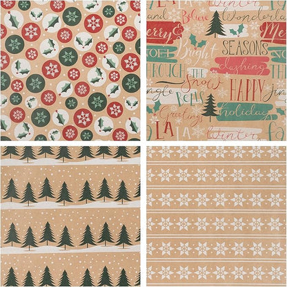 RUSPEPA Christmas Wrapping Paper, Kraft Paper - Christmas Tree, Snowflake and Seasonal Brocade Style Designs - 4 Rolls - 30 inches x 10 feet per Roll