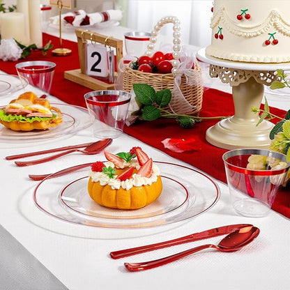 SUT 350 Pcs Red and Clear Plastic Dinnerware Set for 50 Guests, Include: 50 Dinner Plates, 50 Dessert Plates, 50 Pre Rolled Napkins With Silverware, 50 Cups, Disposable Plates for Party, Christmas