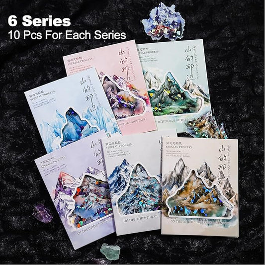 60 Pcs Mountain Holographic PET Stickers Set, Landscape Stickers for Scrapbooking, Journaling and DIY Crafts