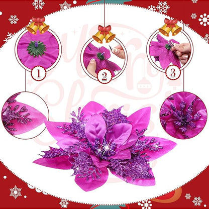 Geosar 24 Christmas Glitter Artificial Poinsettia Flowers Xmas Poinsettia Artificial Wedding Flowers Decorations Xmas Tree Ornaments with Clips for Party Favors, 6 Inch, 4 Inch, 3 Inch (Dark Purple)
