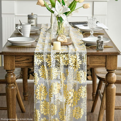 Artoid Mode Beige Gold Dahlia Flower Gauze Table Runner 120 Inch 10FT, Glitter Metallic Foil Seasonal Sheer Dining Holiday Table Decor for Home Party