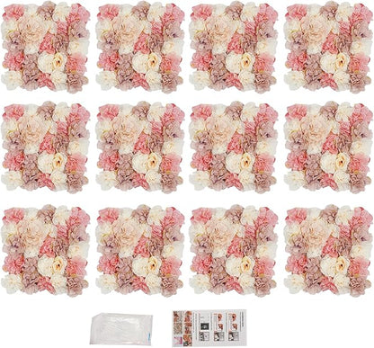12Pcs Artificial Flower Wall Panel 3D Floral Backdrop Walls15 X 15" Flower Wall Decor Panel Flower Backdrop for Party Home Background Decor-Champagne, White, Pink
