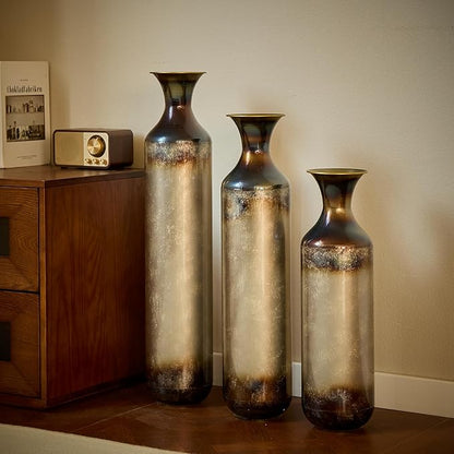 Floor Vases, Tall Home Decor Metal Vase Set of 3 Large Glazed Decorative Vases for Wedding Decor, Elegant Modern Flower Holder for Living Room, Entryway, Hallway, Dining Room