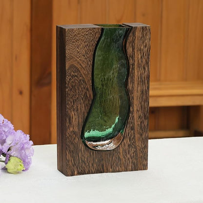 Wood and Glass Inlay Vases Farmhouse Wooden Glass Flower Vase Solid Wood Glass Vase Home Decor Vases for Centerpiece (9.45 Inches)