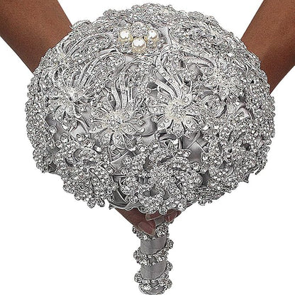 Brooch Wedding Bouquet - Luxury Bride Bouquet with Rhinestone Brooch and Crystal Handle for Elegant Weddings