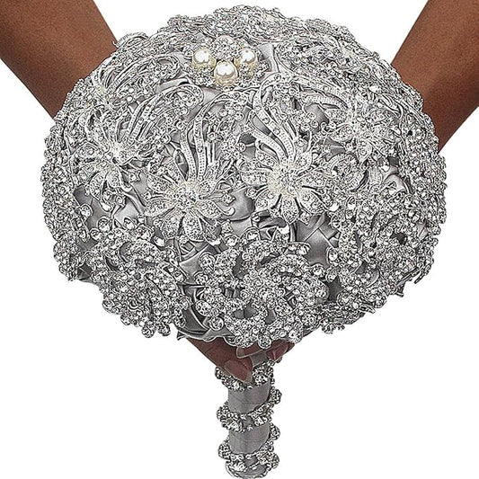 Brooch Wedding Bouquet - Luxury Bride Bouquet with Rhinestone Brooch and Crystal Handle for Elegant Weddings