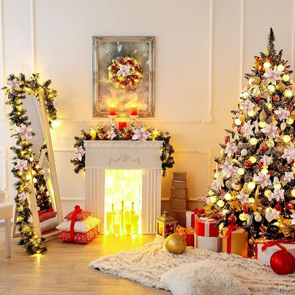 Boao 24 Pieces Christmas Artificial Glitter Poinsettia Flowers Xmas Flowers Wedding Christmas Tree New Year Ornaments(Rose Gold)