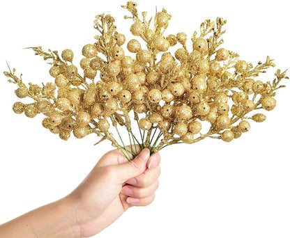 14 Pack Christmas Glitter Berries Stems, 7.8Inch Artificial Christmas Picks for Christmas Tree Ornaments, DIY Xmas Wreath, Crafts, Holiday and Home Decor, Gold
