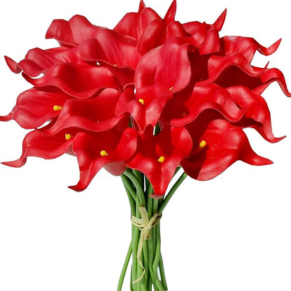Mandy's PU Red Calla Lily Artificial Flowers 20 Stems 13.5in Faux Realistic Centerpiece for Thanksgiving and Christmas Decorations DIY Bridal Bouquet Home Décor