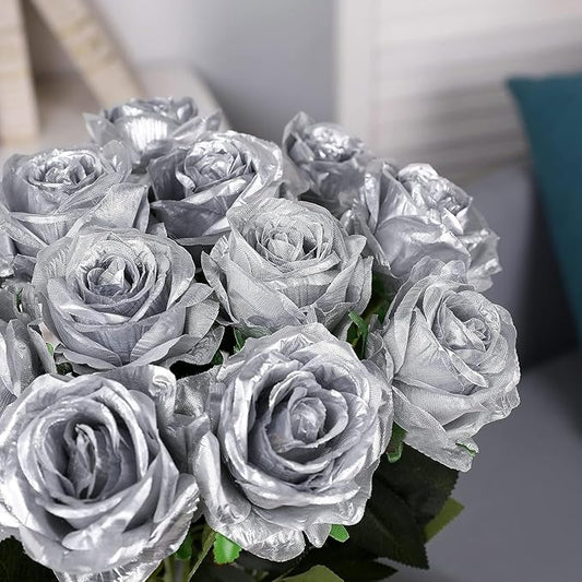 Silver Fake Roses Artificial Flowers - 10 Pcs Fake Artificial Roses Silk Flowers with Stems for Home Wedding Hotel Office Centerpiece Decor