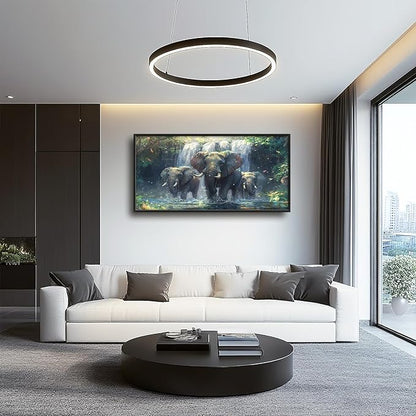 Large Elephant Wall Art for Living Room, Framed Oversized Forest Waterfall Wall Decor, Nature Landscape Canvas Painting Wildlife Artwork for Living Room Dining Room Bathroom Bedroom Office 60"x30"