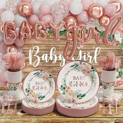 Ecomore Baby Shower Decorations for Girl - 249 PCS Baby Girl Gender Reveal Party Supplies & Disposable Dinnerware Set (25 Guest) with Pink Rose Gold Floral Paper Plates Backdrop Tablecloth Balloon Kit
