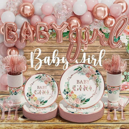 Ecomore Baby Shower Decorations for Girl - 249 PCS Baby Girl Gender Reveal Party Supplies & Disposable Dinnerware Set (25 Guest) with Pink Rose Gold Floral Paper Plates Backdrop Tablecloth Balloon Kit