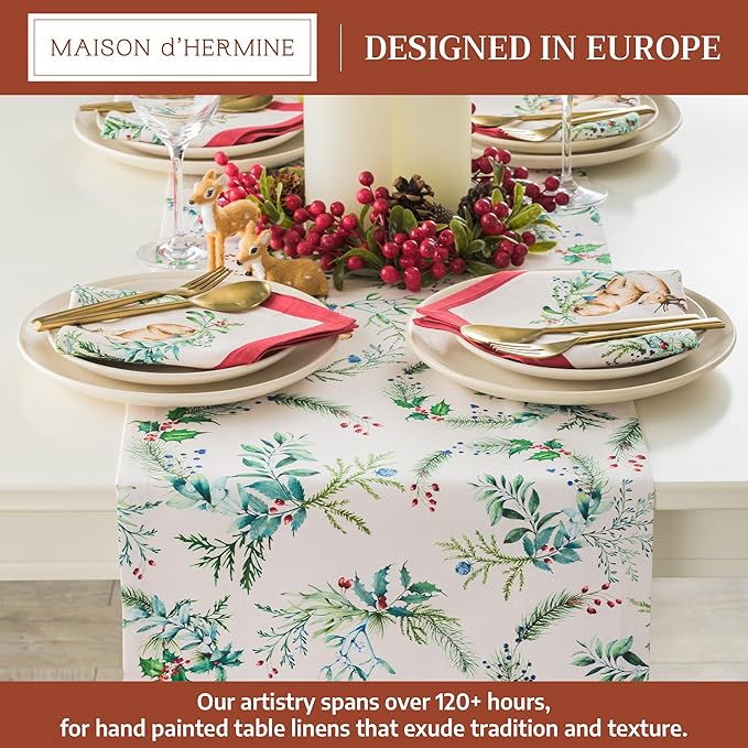 Maison d' Hermine Table Runner 100% Cotton Double Layer Table Runners 108 inches Long for Thanksgiving Christmas Decorations Home Kitchen Dining Party Wedding (Holly Time, 14.5" x 108")