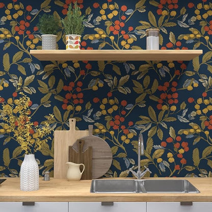 Navy Blue Floral Wallpaper Peel and Stick, Vintage Contact Paper 17.5" x 118", Dark Leaf Botanical Boho Wall Paper Self Adhesive Waterproof Removable for Room Shelve Cabinet Drawer Table Decor