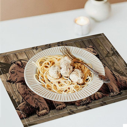 Rustic Lodge Bears Placemats Set of 4, Vintage Cabin Pine Tree Wooden Board Place Mats, Heat Resistant Non Slip Cotton Linen Dining Table Mats for Home Party Kitchen 18x12 Inch