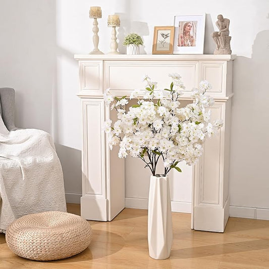 Sunm Boutique White Cherry Blossom Flowers, Artificial Cherry Blossom Decor Faux Cherry Blossom Branches Vase Arrangements for Wedding Home Party Kitchen Decor, Set of 3