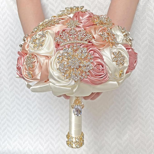 Handmade Satin Rose Floral Bling Pearl Decor Bridal Wedding Bouquet Rhinestone Pendant Artificial Brooch Flowers for Bride Bridesmaid Quinceanera
