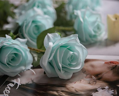 DuHouse 10pcs Fake Roses Artificial Silk Flowers Faux Rose Flower Long Stems Bouquet for Arrangement Wedding Centerpiece Party Home Kitchen Decor(Teal Blue)
