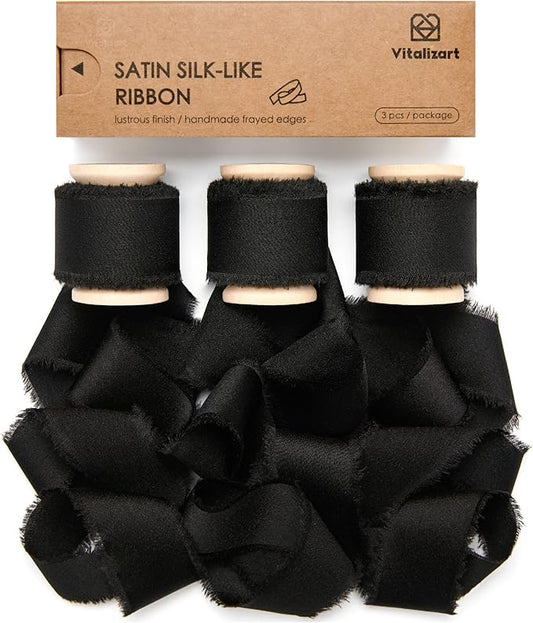 Vitalizart Black Silk Satin Ribbon 1 Inch x 15 Yard Wooden Spool Handmade Frayed Ribbon for Gift Wrapping Baby Shower Wedding Bridal Bouquets Holiday Decor 3 Rolls x 5 Yard