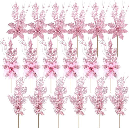 18 Pack 3 Styles 17 Inch Christmas Glitter Poinsettia Berry Stems Ornaments Artificial Floral Branches Picks for Christmas Tree Home Vase Holiday Party Decor(Pink)