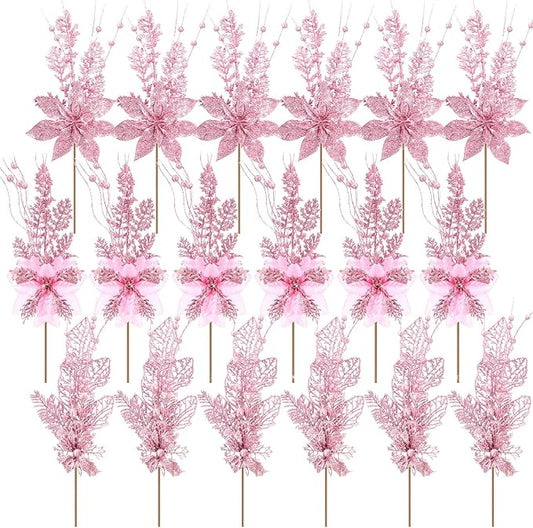18 Pack 3 Styles 17 Inch Christmas Glitter Poinsettia Berry Stems Ornaments Artificial Floral Branches Picks for Christmas Tree Home Vase Holiday Party Decor(Pink)