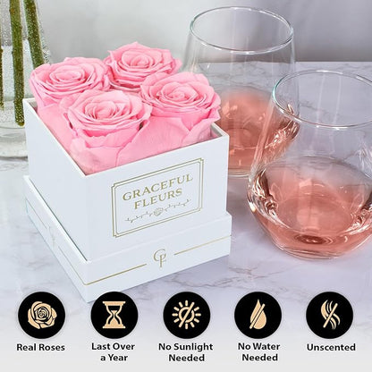 Graceful Fleurs | Real Long Lasting Roses for Years | Preserved Fresh Flowers for Delivery Birthday | Birthday Gifts for Women | Forever Roses in a Box (Pink, White Box, 4 Roses)