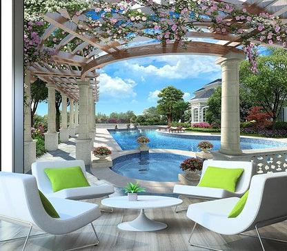 Cliouar-Backyard Villa with Swimming Pool Wall Mural Wallpaper Peel and Stick 160" x 114"