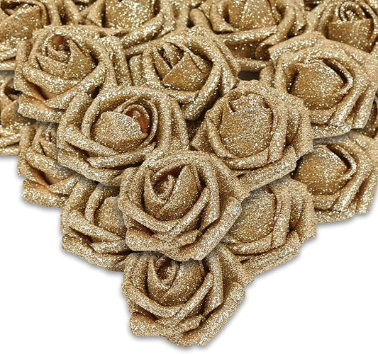 IPOPU Foam Gold Roses,50pcs Glitter Roses Gold Flowers Gold Roses with Stems for DIY Wedding Bridal Bouquet Home Party Decoration(Gold)