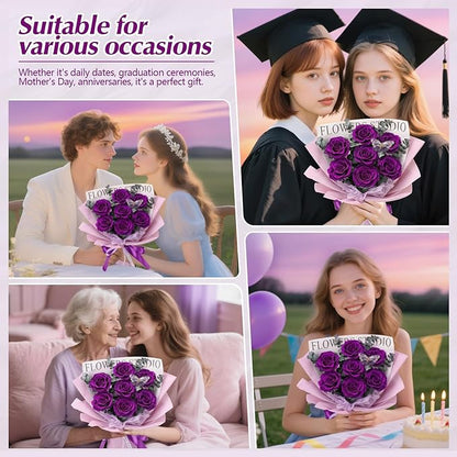 Casaido Preserved Flowers for Delivery, 7 Purple Roses Bouquet, Birthday Gifts for Women, Christmas Rose Gifts for Mom Wife Girlfriend, Forever Real Flowers for Valentines Day Anniversary