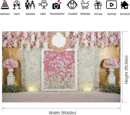 5x3ft Pink Flower Wall Photography Backdrop Proposal Ceremony Wedding Floral Photography Background Women Girl Birthday Party Bridal Shower Decor Banner Photo Booth Props