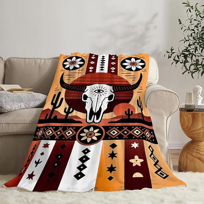 Western Boho Bull Skull Blanket Southwest Aztec Tribal Southwestern Navajo Throw Blanket Soft Cozy Fleece Fuzzy Stuffed Plush Flannel Gifts for Girls Women Boys Kids Adults 60''x80''