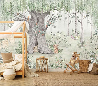 Green Forest Wallpaper Fox Pine Mouse Big Tree Mural for Children's Room Living Room Bedroom (Not Self-Adhesive)
