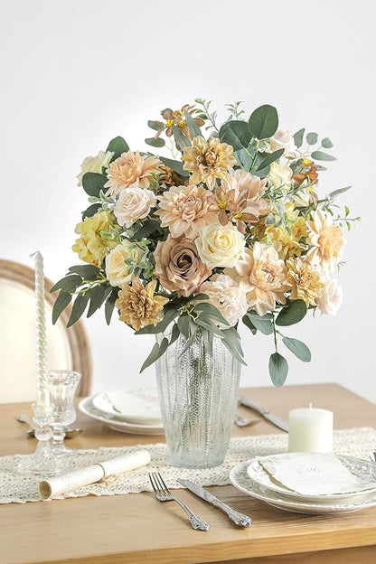 Nude Color Artificial Flowers Set - Fake Roses, Peonies, Dahlia, Silk Flowers with Stems for DIY Wedding Bouquets,Floral Arrangement,Table Centerpieces,Baby Shower, Home Decor