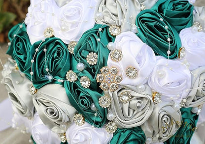 Bridal Wedding Bouquet Round Bling Brooch Bouquet Throw Toss Artificial Rose Flower Bunch for Bride Bridesmaid Wedding Quinceanera(Dark Green, Silver & White, 7.5")