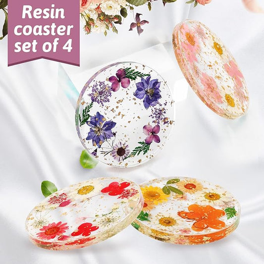 Flower Coasters, Tumwisk 4Pcs Dried Flower Drink Coasters,Women Coffee Table Dining Table Desk Aesthetic Coaster Set Natural Floral Coaster Home Decoration Housewarming Present (Multicolor)