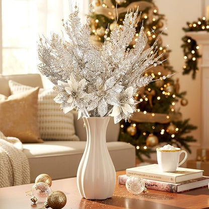18 Pack 3 Styles 17 Inch Christmas Glitter Poinsettia Berry Stems Ornaments Artificial Floral Branches Picks for Christmas Tree Home Vase Holiday Party Decor(Champagne)