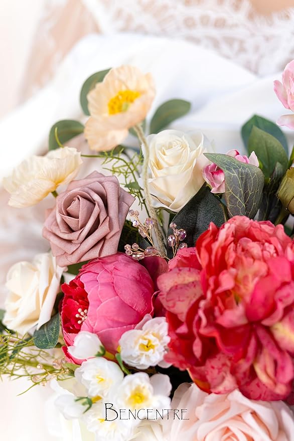14 Inch Blush Wedding Bouquet for Bride,Spring Wedding Bouquet,hot pink Bridal Bouquets for Bride, for Wedding Ceremony Anniversary,Party and French Rustic Vintage Wedding,Artificial Flowers