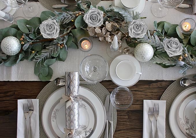 Artificial Roses 30PCS Silver Flowers 3.15" Glitter Roses Artificial Flowers with Stems for DIY Wreath Wedding Christmas Home Party Decor(Silver)