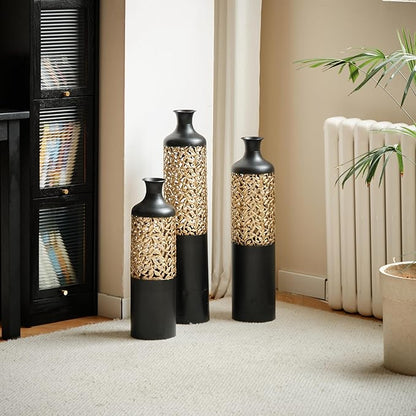 Floor Oversized Gold Metal Decorative Vase with 3D Triangle Pattern Set of 3 Large Vases for Home Living Room 33.5 ", 29.5 ", 25.2" High (Black)