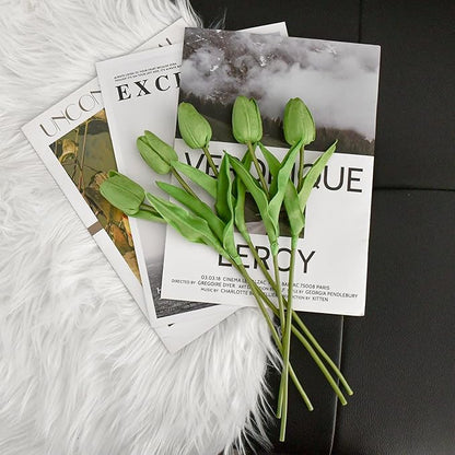 Mandy's Artificial Tulips 20 Stems Green PU Faux Flowers for Thanksgiving and Christmas Decorations Wedding Home Decor 13.5 Inch