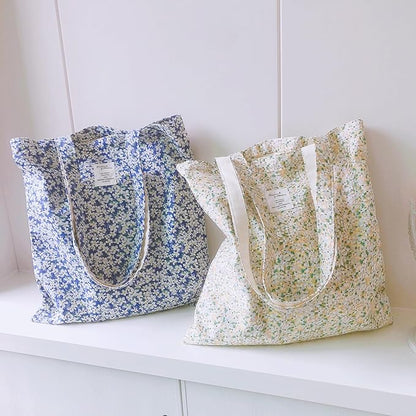 Cotton Canvas Tote Bag Reusable Soft Grocery Cloth Bag Floral Shoulder Bag for Beach Travel Shopping